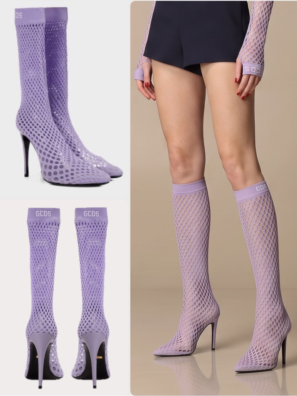 GCDS Mesh Knee-High Stiletto Sock Pointed-Toe Lavender Heel Boots NWOB $850
